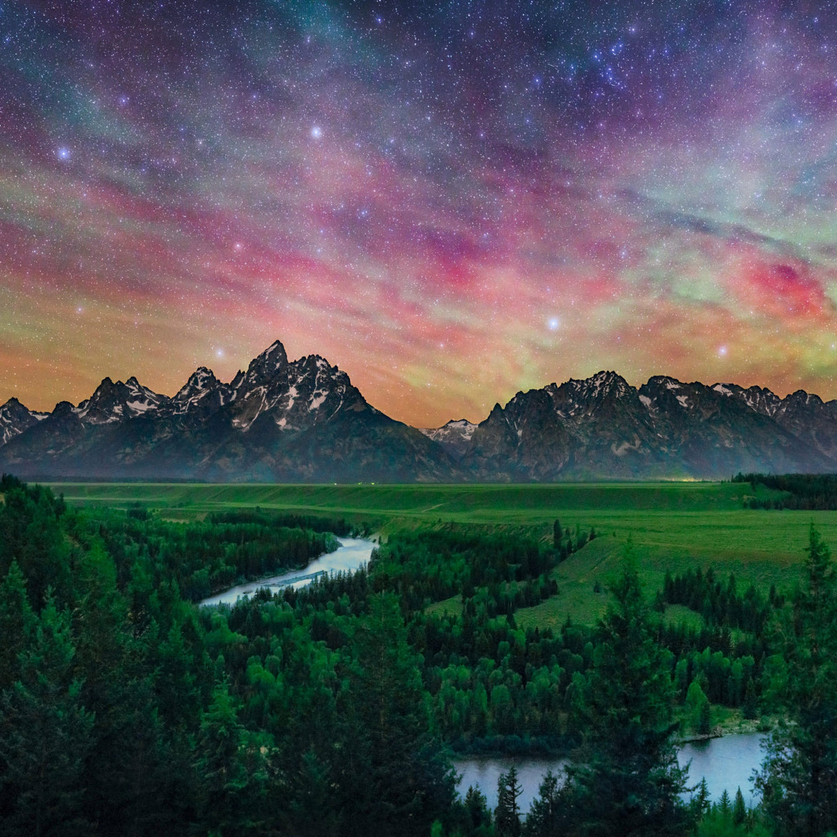 Colorful Night Sky Above Tetons and Snake River